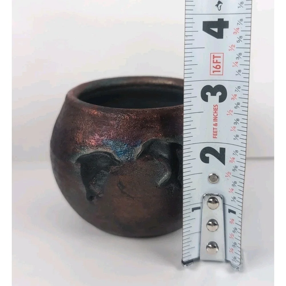 Raku Pottery Iridescent Vase W/ Dolphins, Artist Signed CAM  2.5